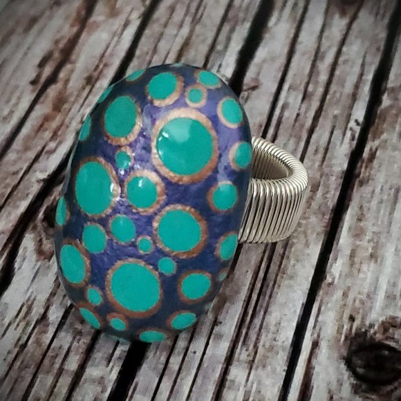 Hand Painted Iridescent Blue Statement Ring. - Picture 7 of 10